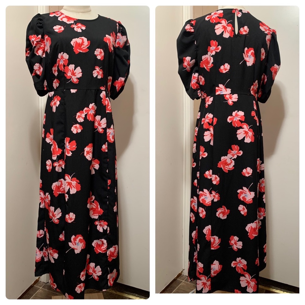 Popsugar Black Floral midi dress with side slit short sleeves M Retro.